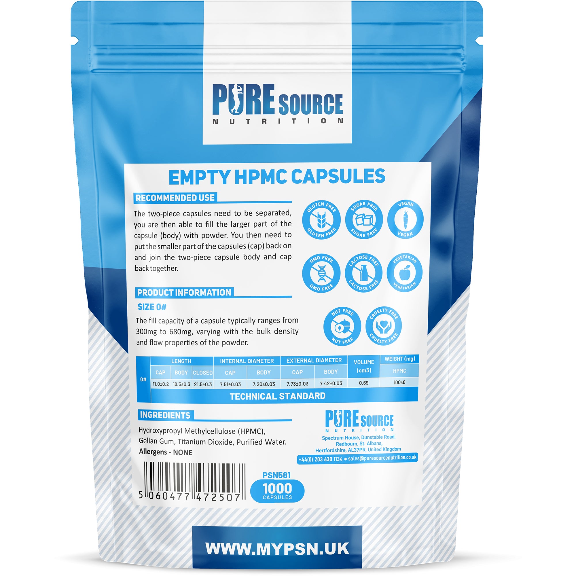 Pure Source Nutrition Vegan Empty Capsules White / Clear (Transparent) Size 0/00/1