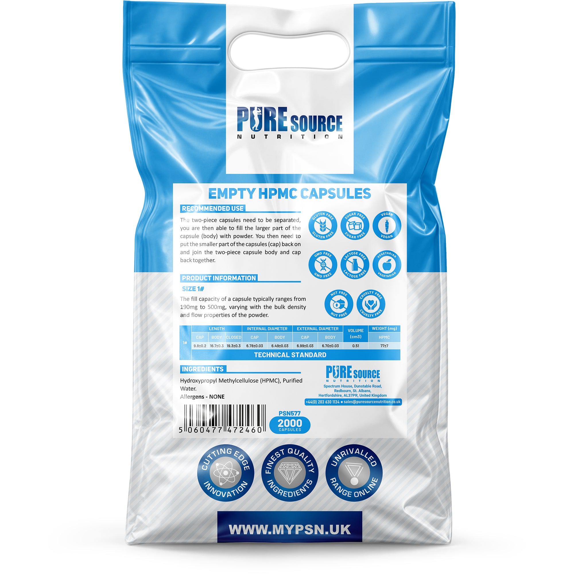 Pure Source Nutrition Vegan Empty Capsules White / Clear (Transparent) Size 0/00/1