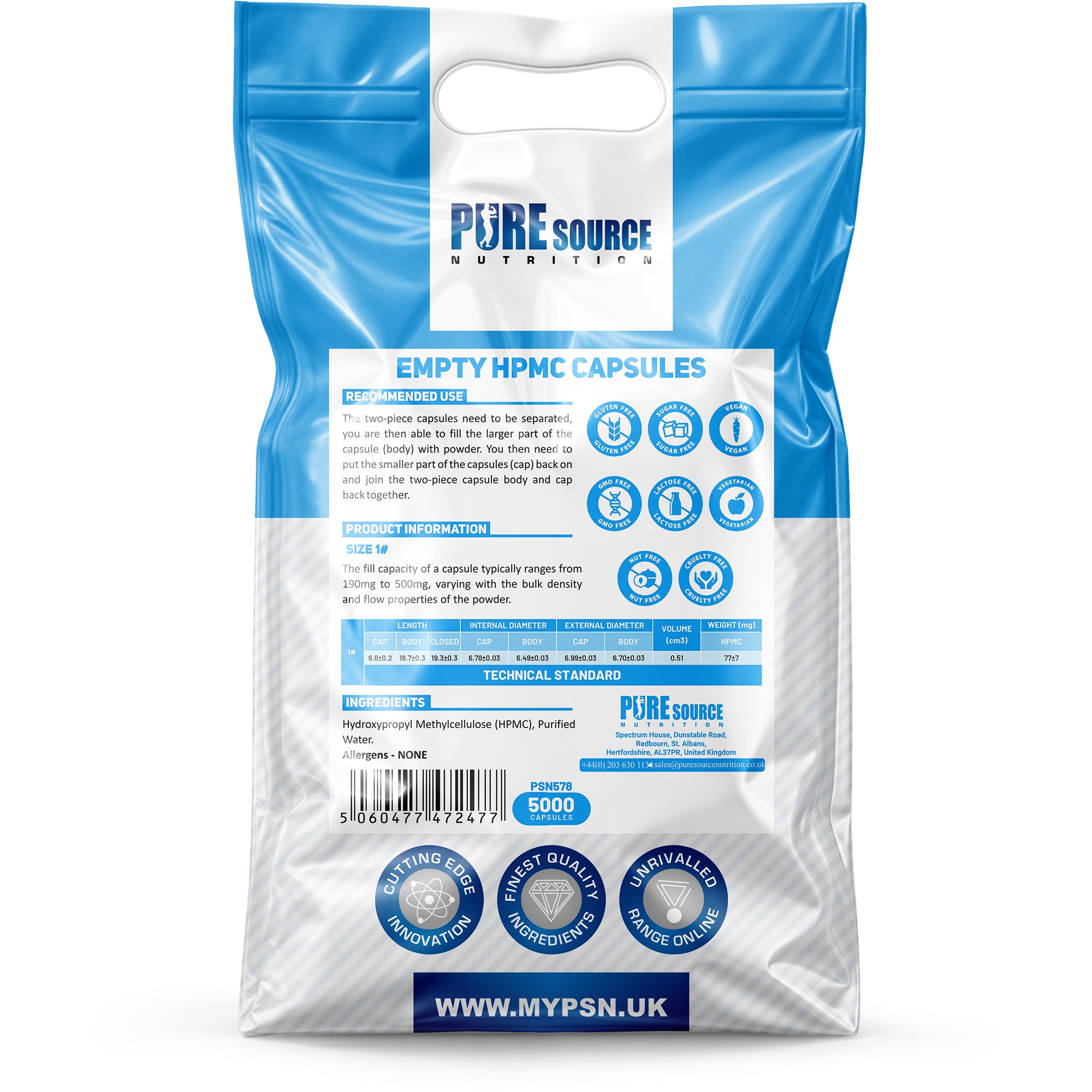Pure Source Nutrition Vegan Empty Capsules White / Clear (Transparent) Size 0/00/1
