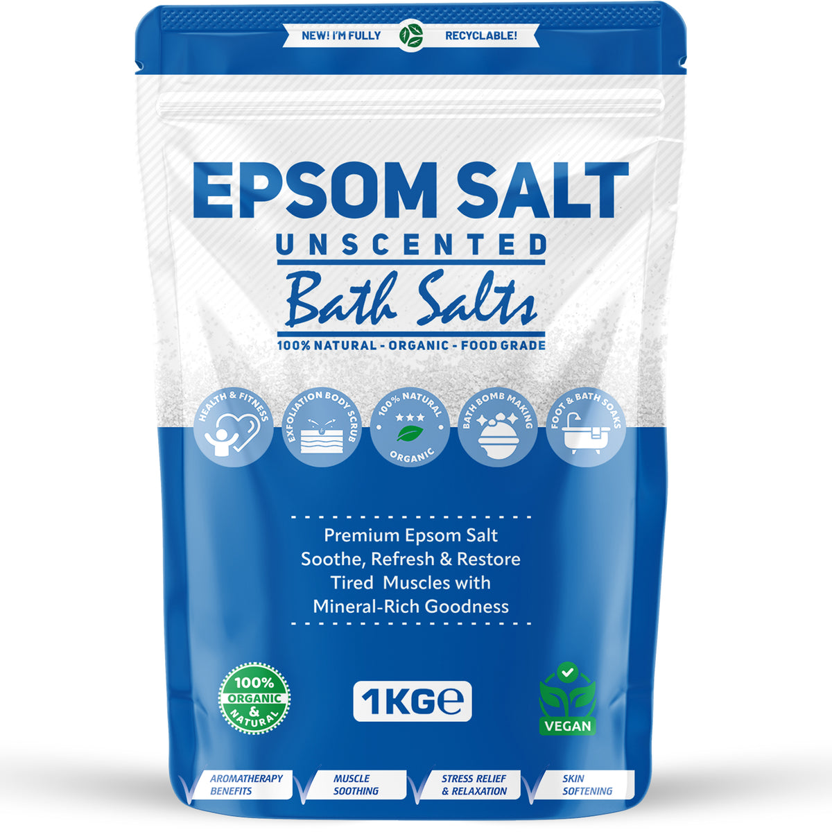 Epsom Salt Unscented 1kg Pouch – product image 1