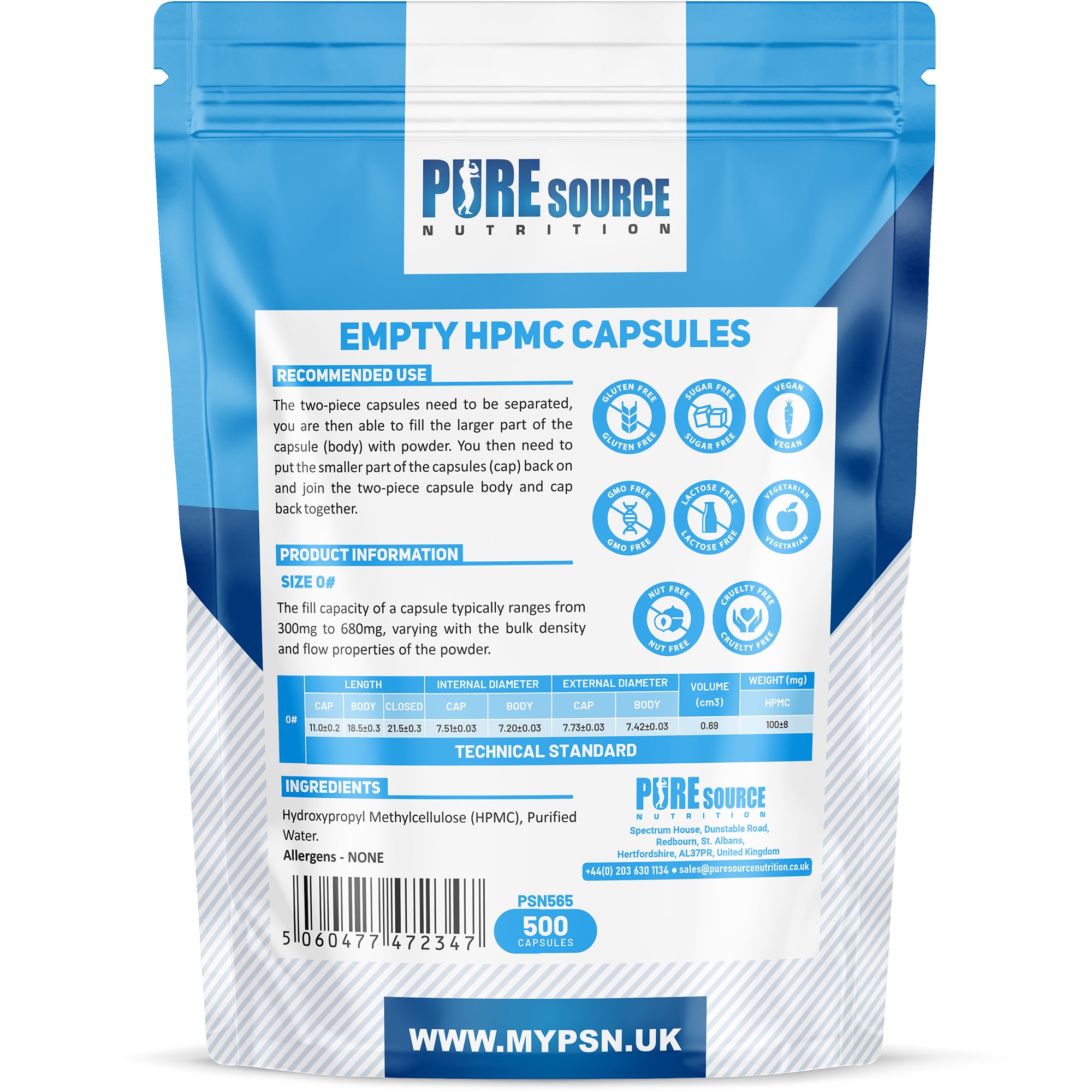 Pure Source Nutrition Vegan Empty Capsules White / Clear (Transparent) Size 0/00/1