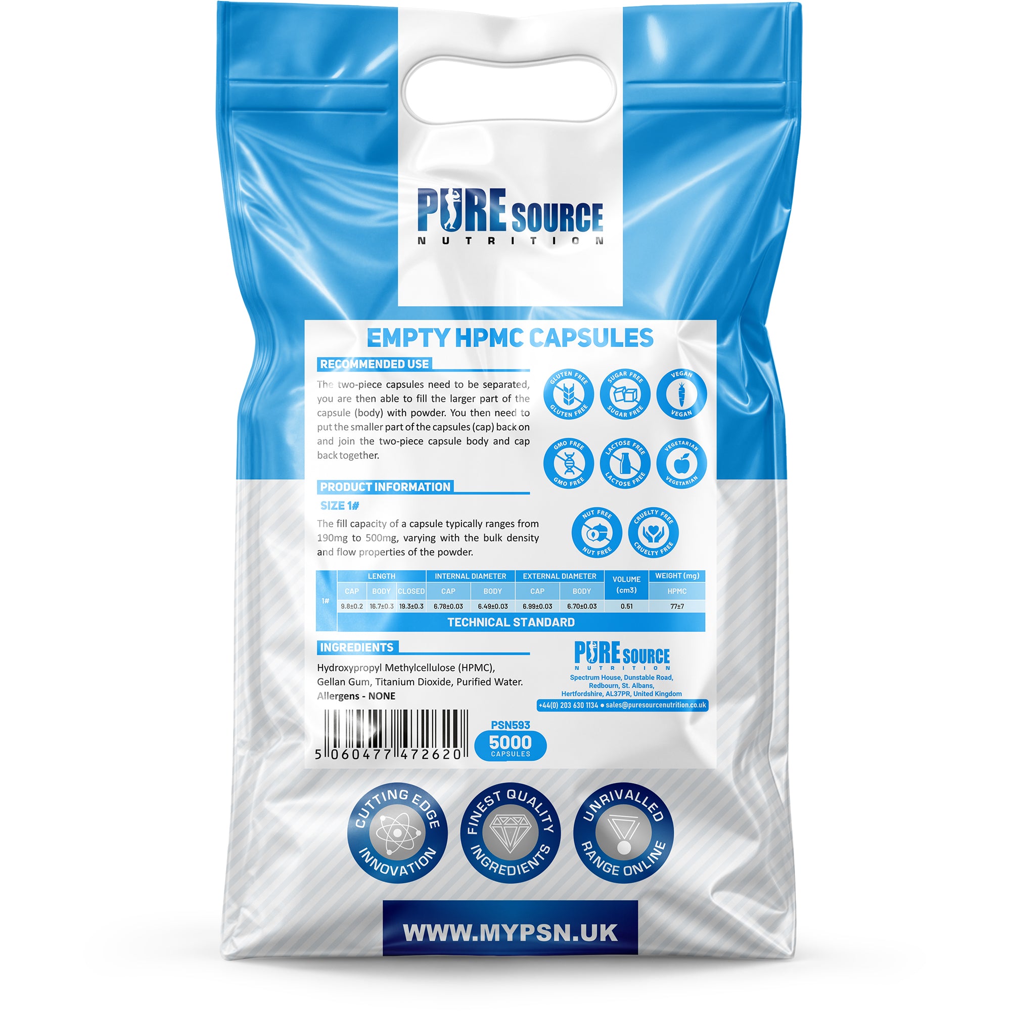 Pure Source Nutrition Vegan Empty Capsules White / Clear (Transparent) Size 0/00/1