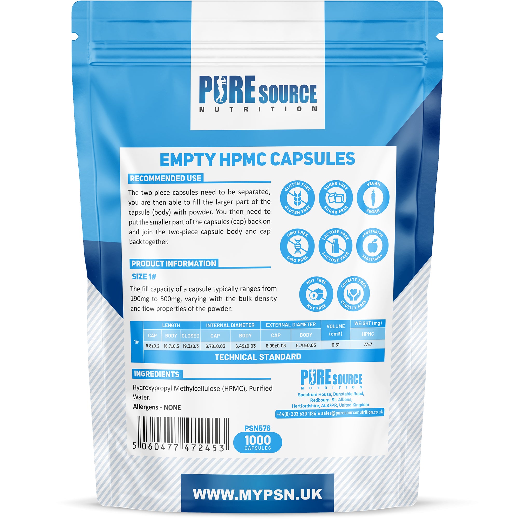 Pure Source Nutrition Vegan Empty Capsules White / Clear (Transparent) Size 0/00/1