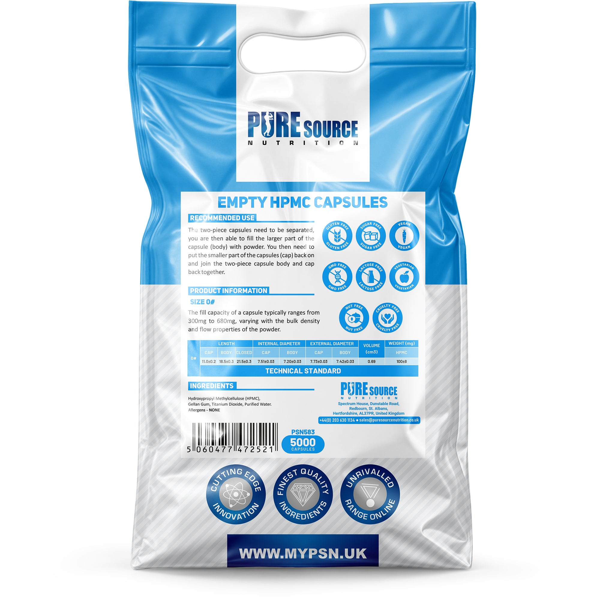 Pure Source Nutrition Vegan Empty Capsules White / Clear (Transparent) Size 0/00/1