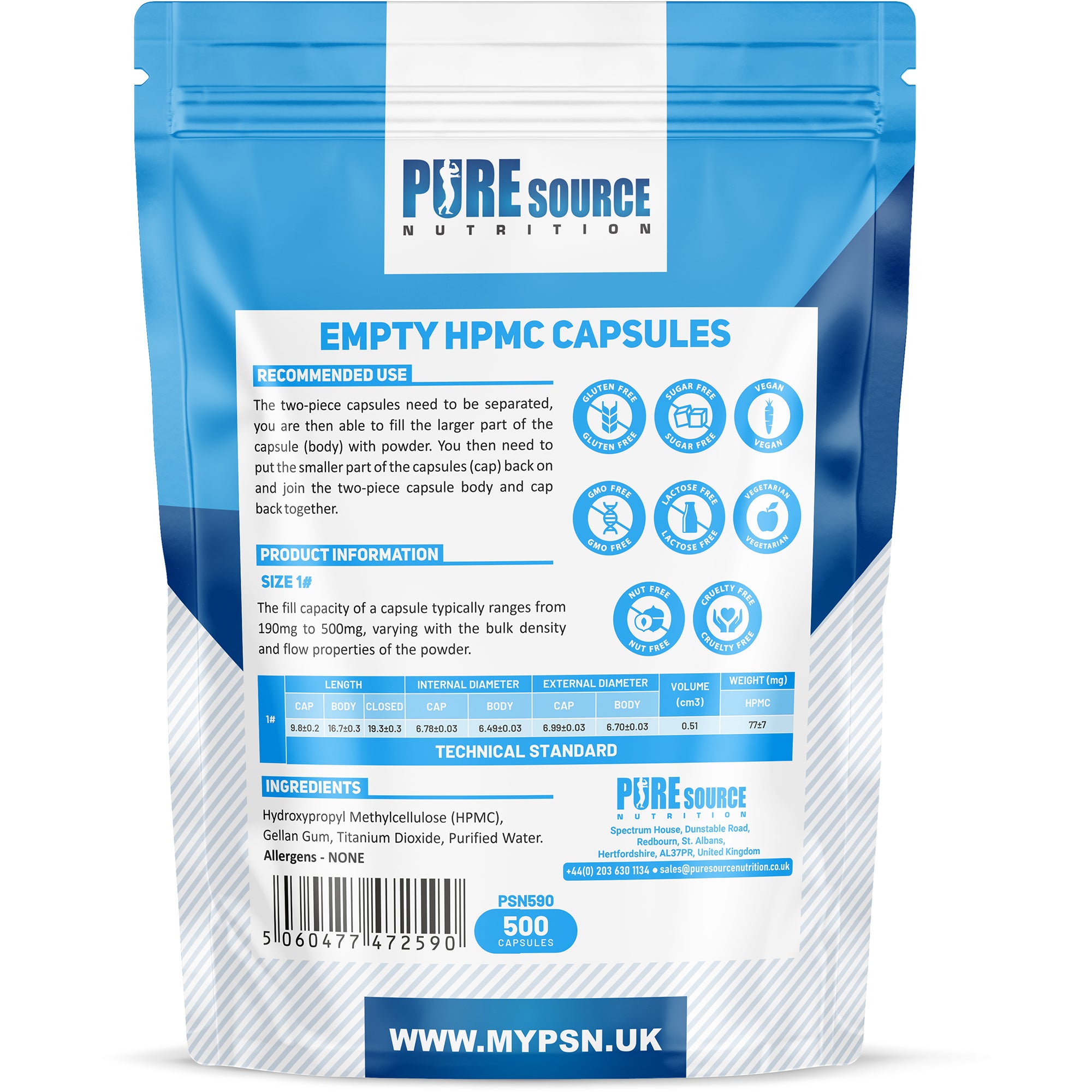 Pure Source Nutrition Vegan Empty Capsules White / Clear (Transparent) Size 0/00/1