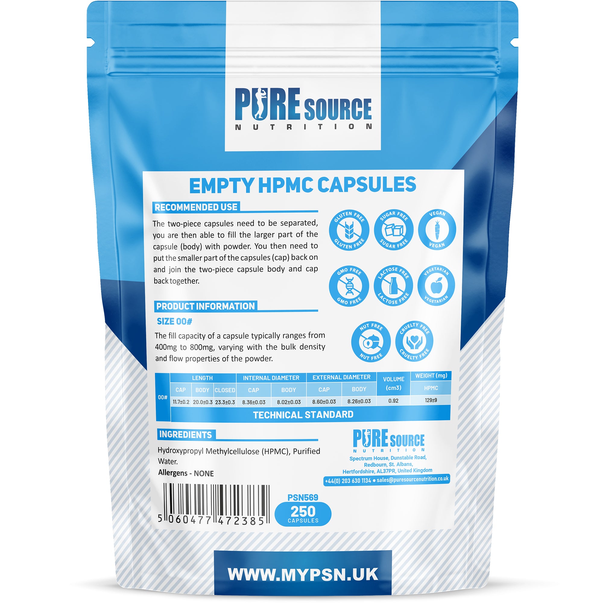 Pure Source Nutrition Vegan Empty Capsules White / Clear (Transparent) Size 0/00/1